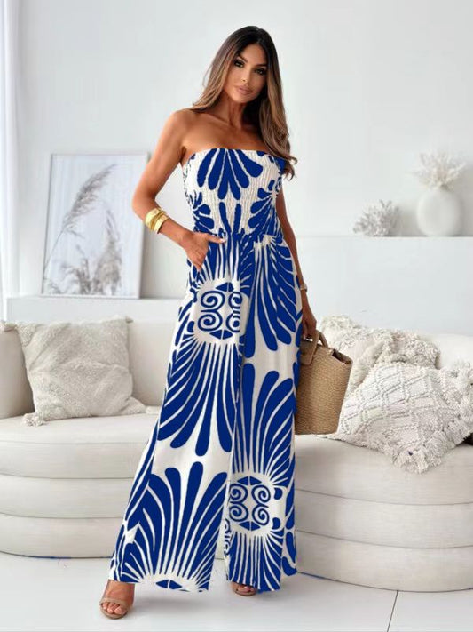 Irregular Printed Backless Waist Wide-Leg Jumpsuit