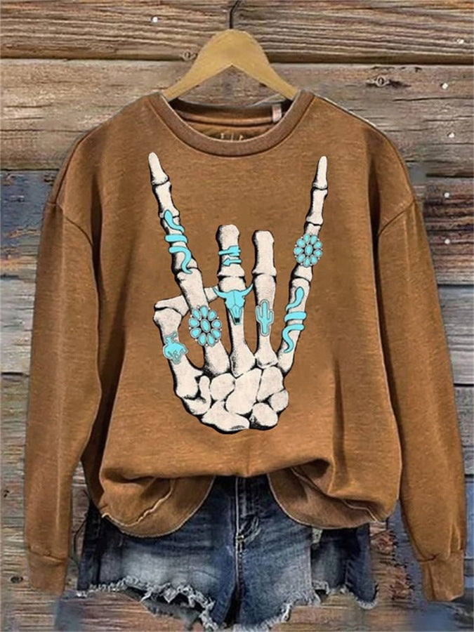 Skeleton Hand Print Round Neck Top Brown