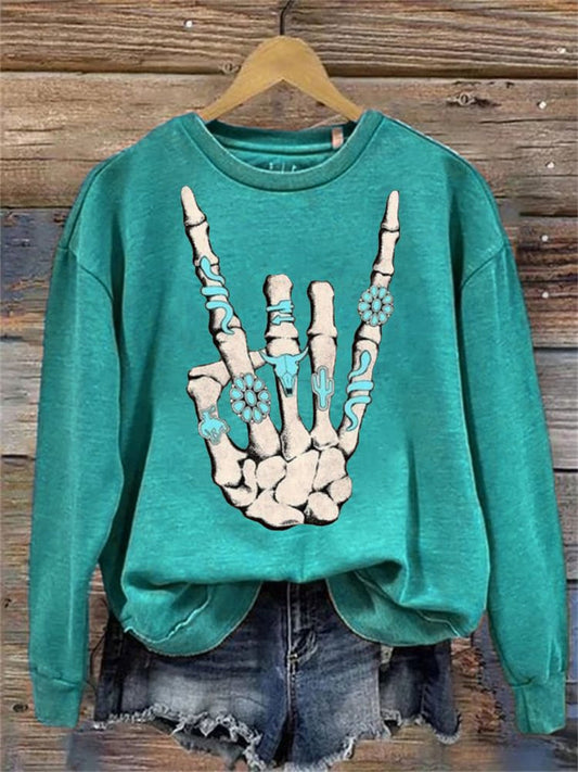 Skeleton Hand Print Round Neck Top Blue