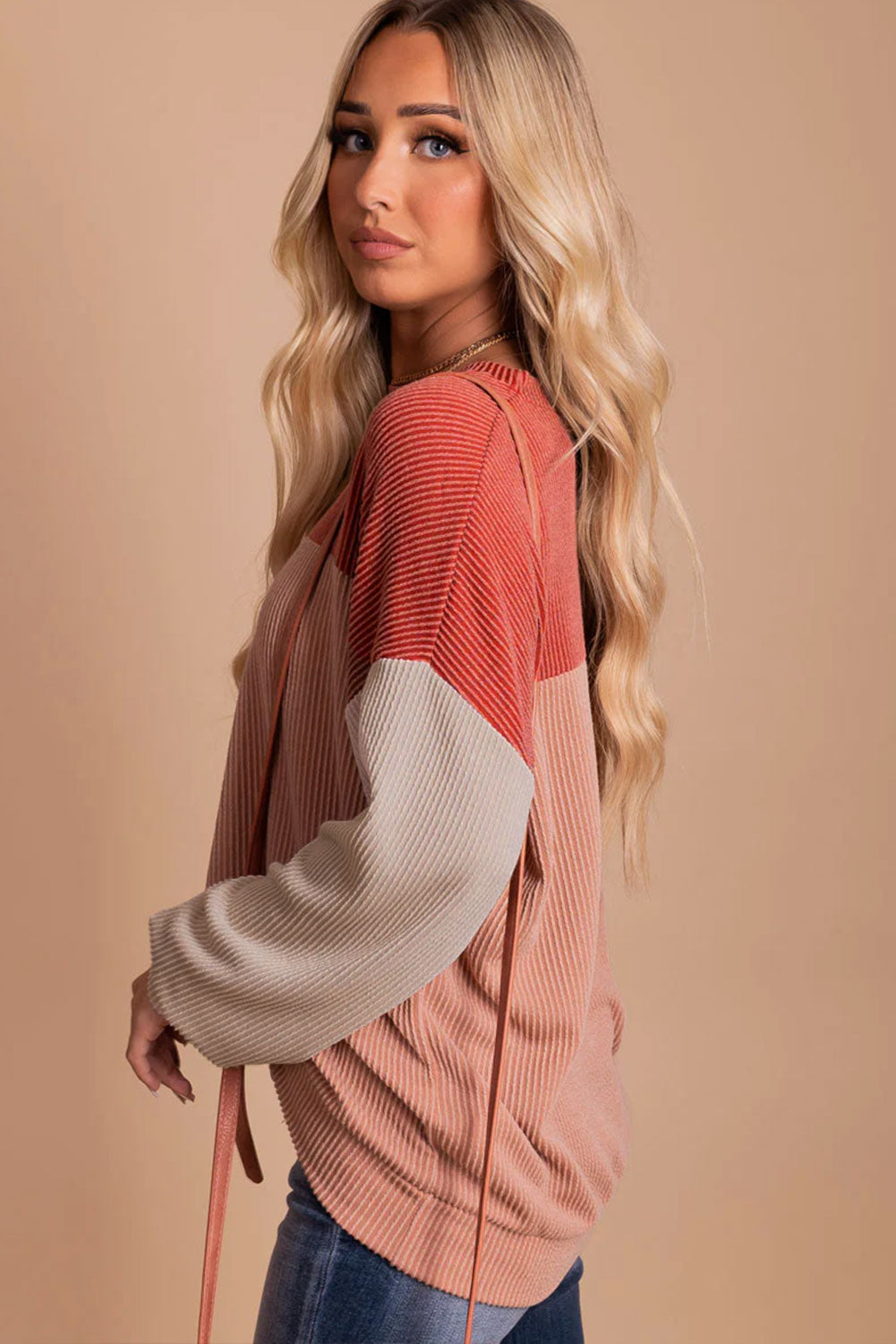 Color Block Long Sleeve Ribbed Loose Top