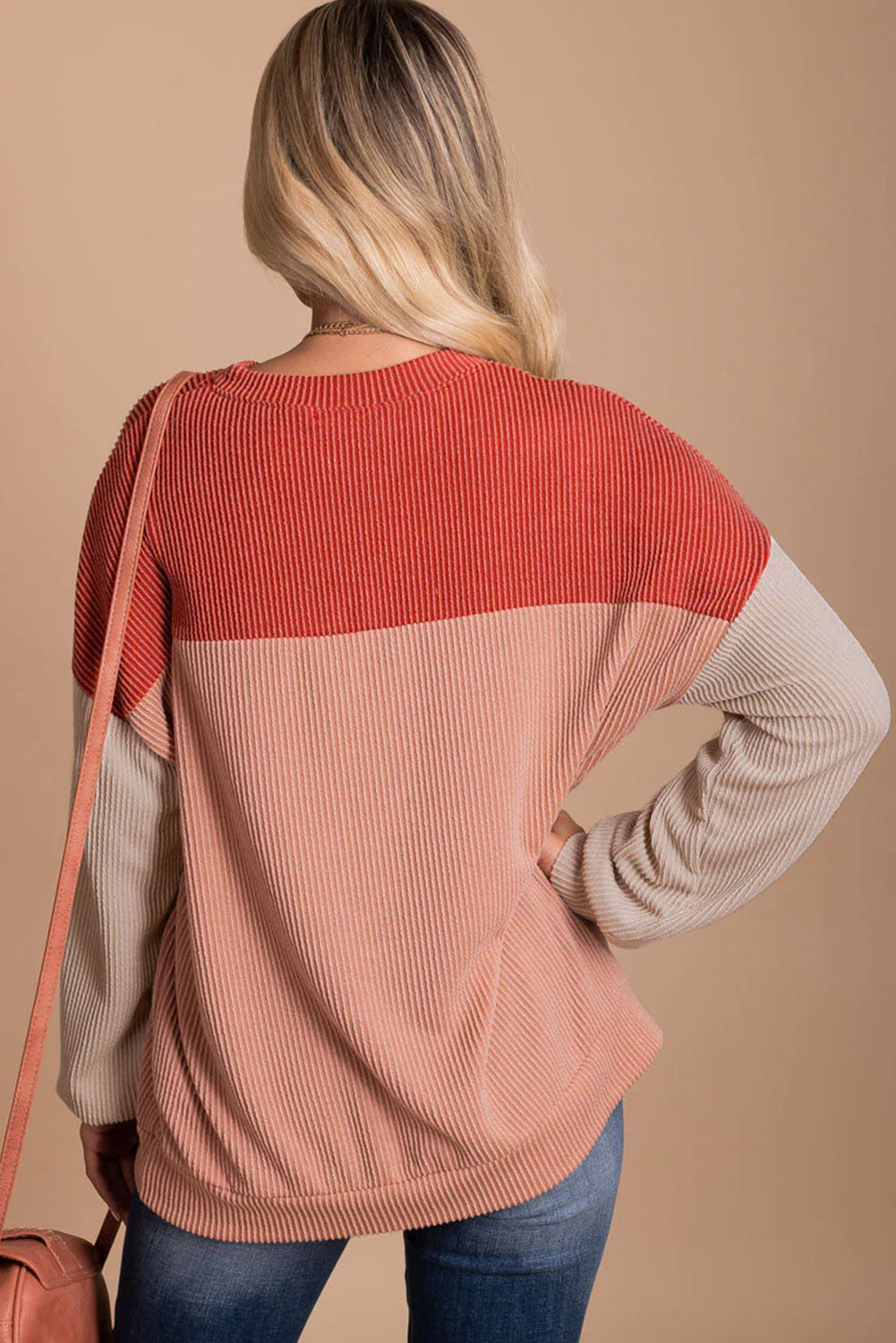 Color Block Long Sleeve Ribbed Loose Top