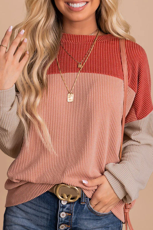 Color Block Long Sleeve Ribbed Loose Top