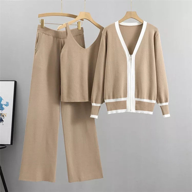 Casual Knitted Tank Top Pants Coat Three Piece Set