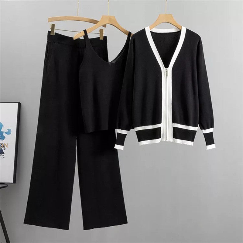 Casual Knitted Tank Top Pants Coat Three Piece Set