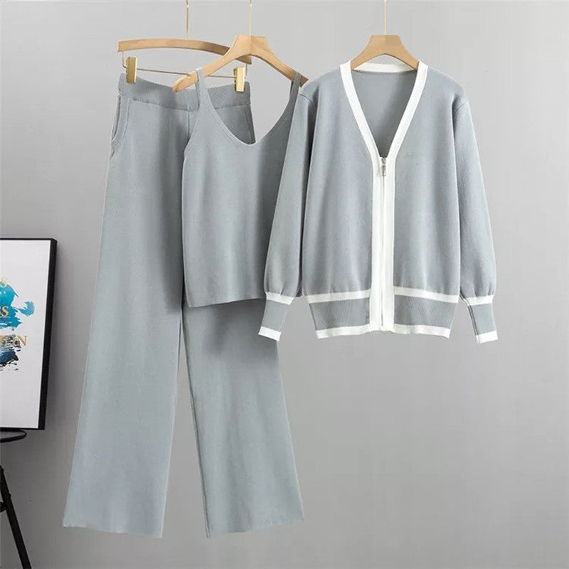 Casual Knitted Tank Top Pants Coat Three Piece Set