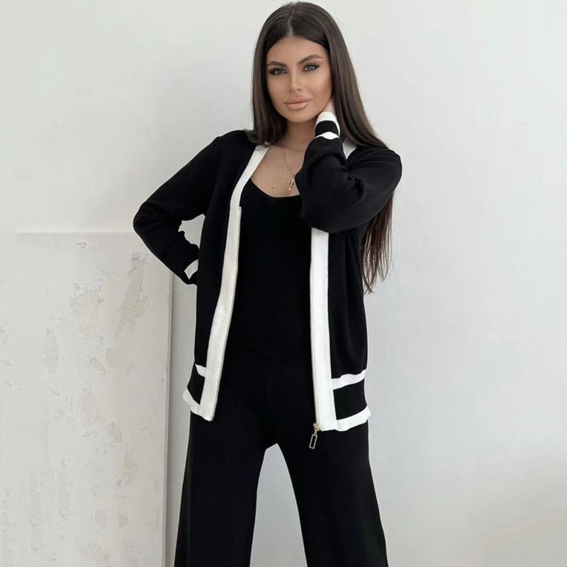 Casual Knitted Tank Top Pants Coat Three Piece Set