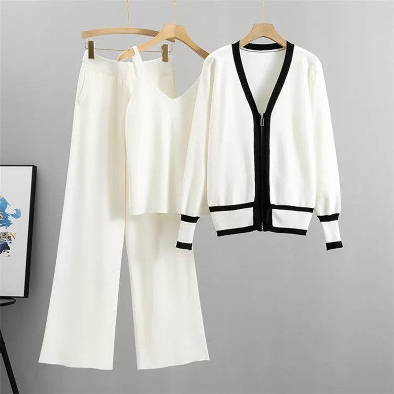 Casual Knitted Tank Top Pants Coat Three Piece Set