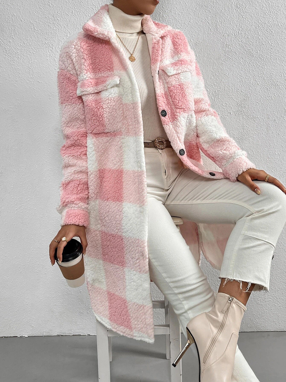 Pocket Plaid Button Plush Long Coat