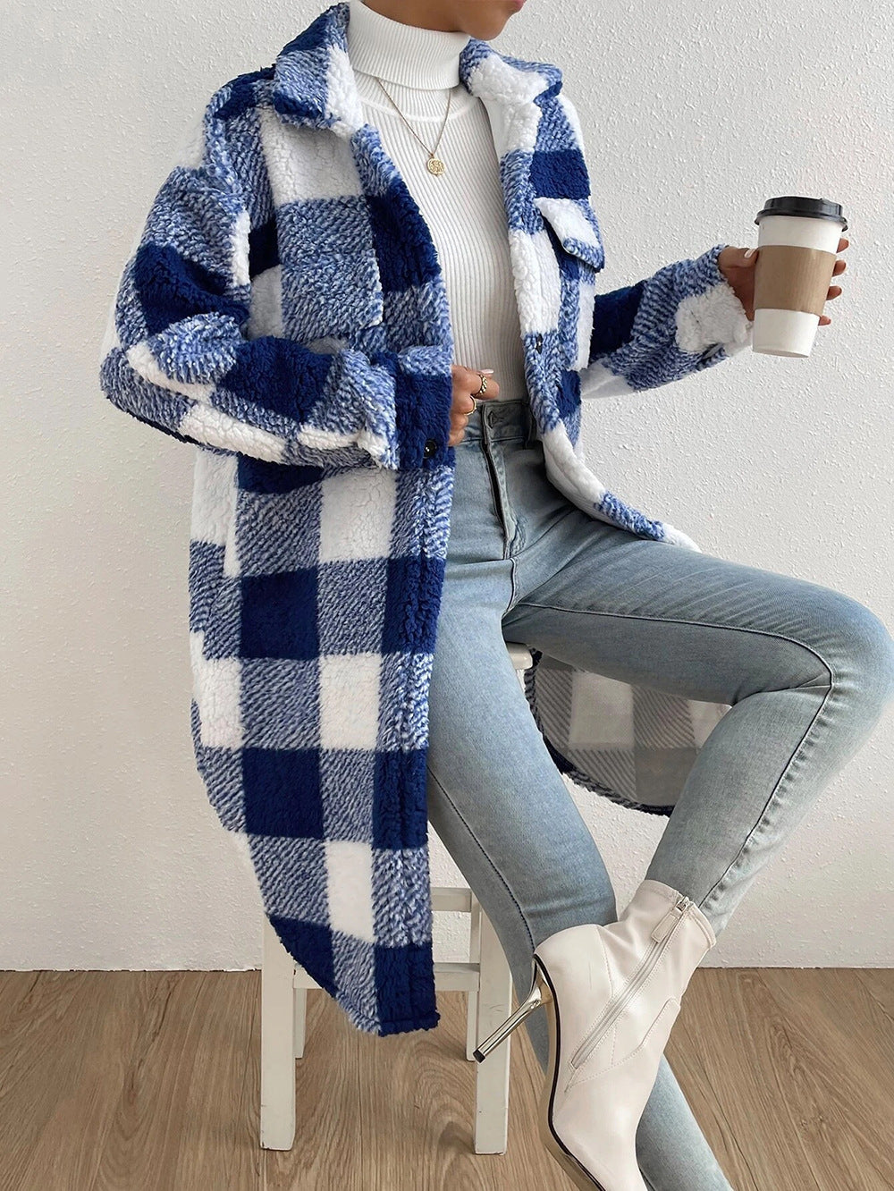 Pocket Plaid Button Plush Long Coat