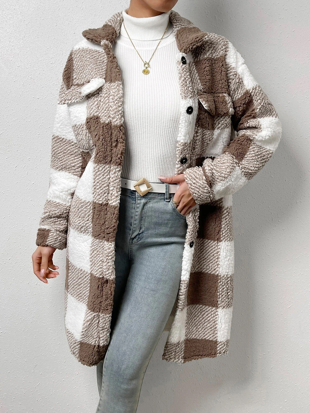 Pocket Plaid Button Plush Long Coat