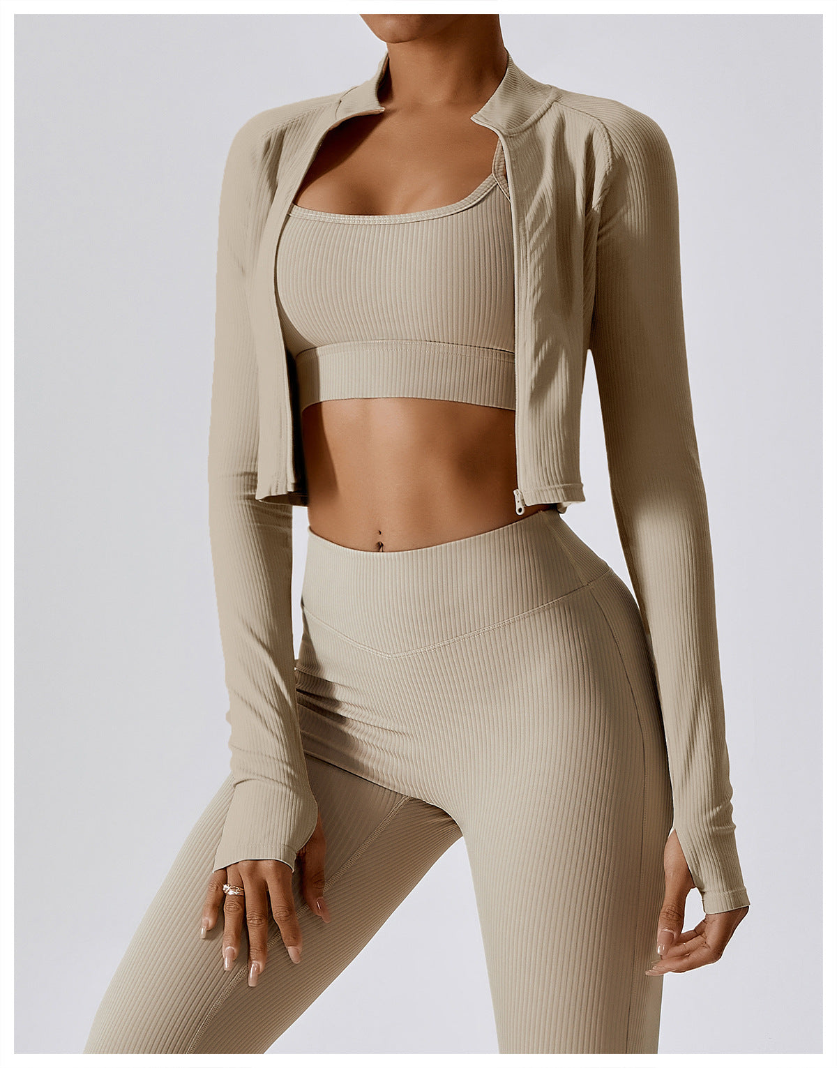 Quick Drying Long Sleeve Ribbed Zipper Yoga Jacket