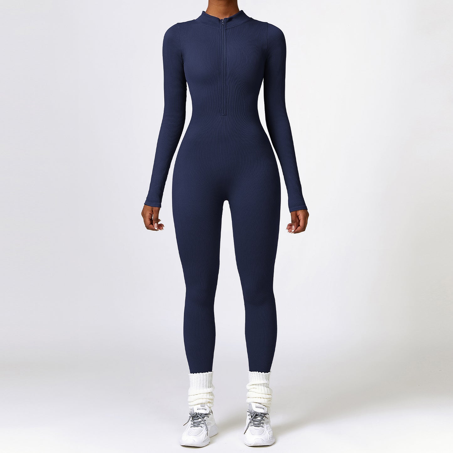 Ribbed Zipper Long Sleeve Yoga Jumpsuit