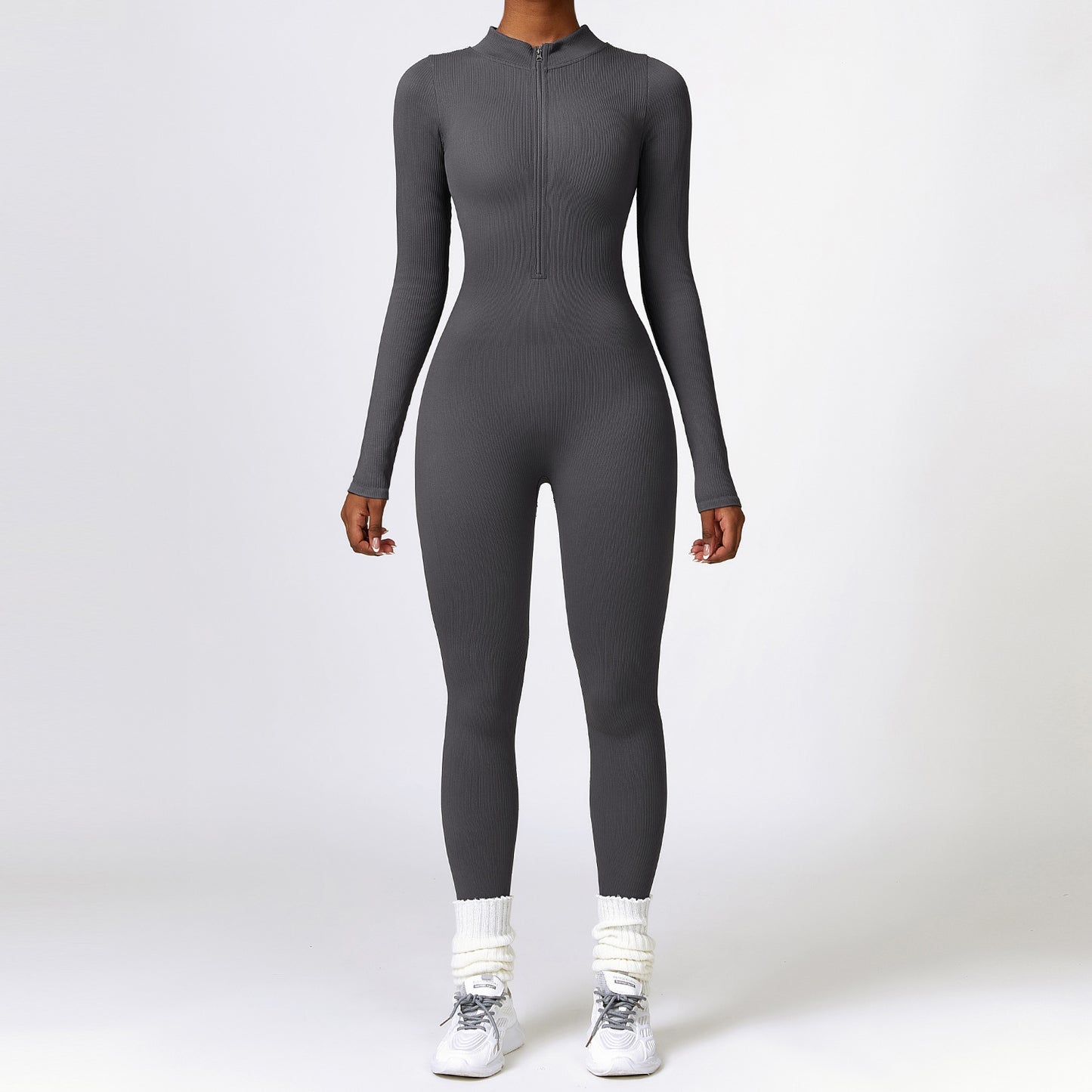 Ribbed Zipper Long Sleeve Yoga Jumpsuit