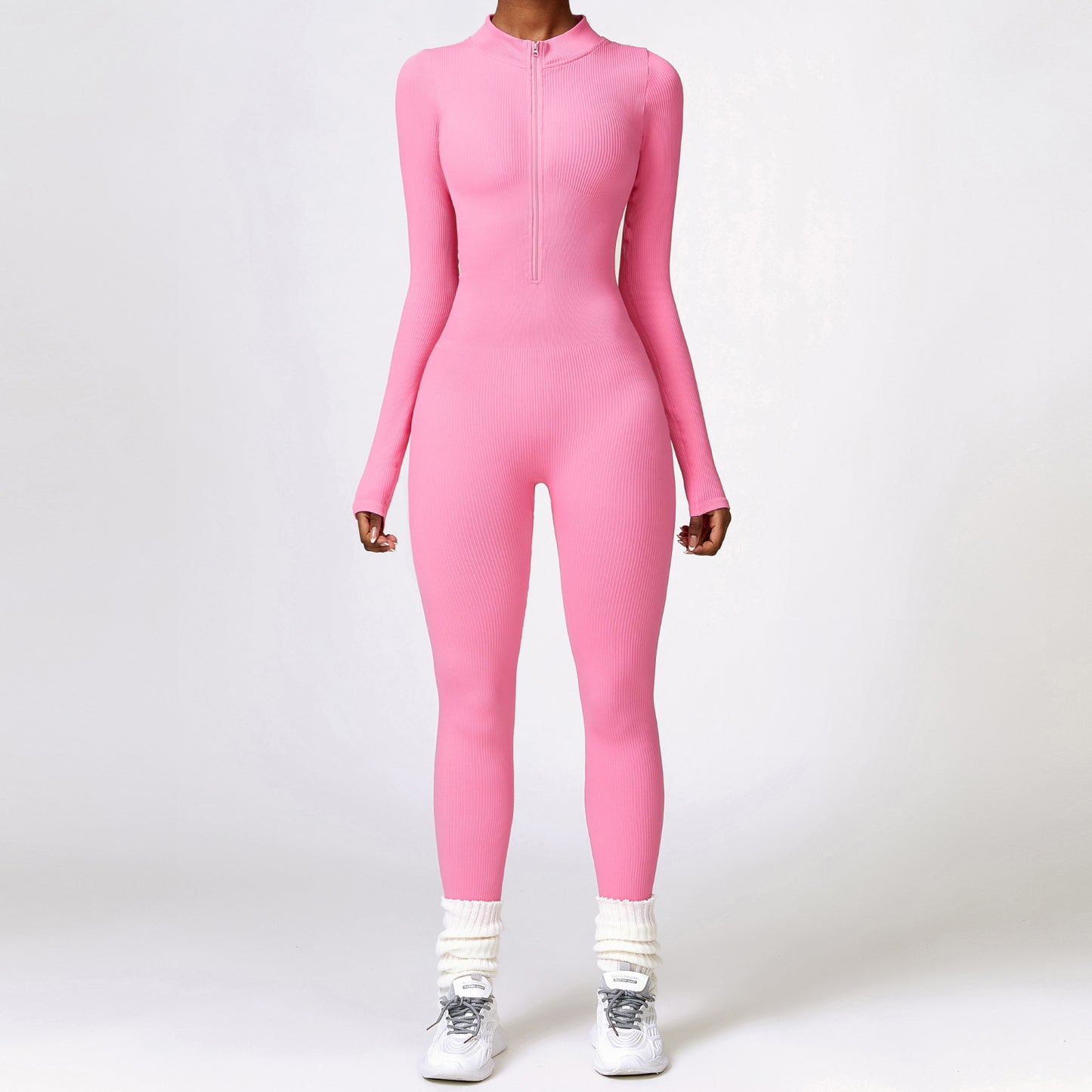 Ribbed Zipper Long Sleeve Yoga Jumpsuit