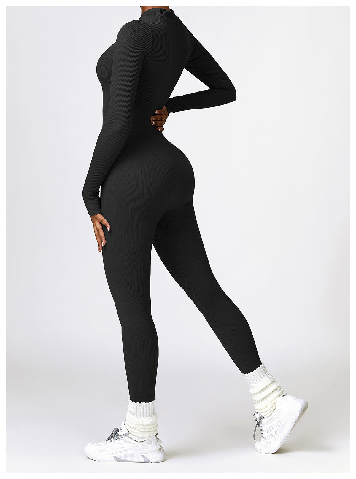 Ribbed Zipper Long Sleeve Yoga Jumpsuit