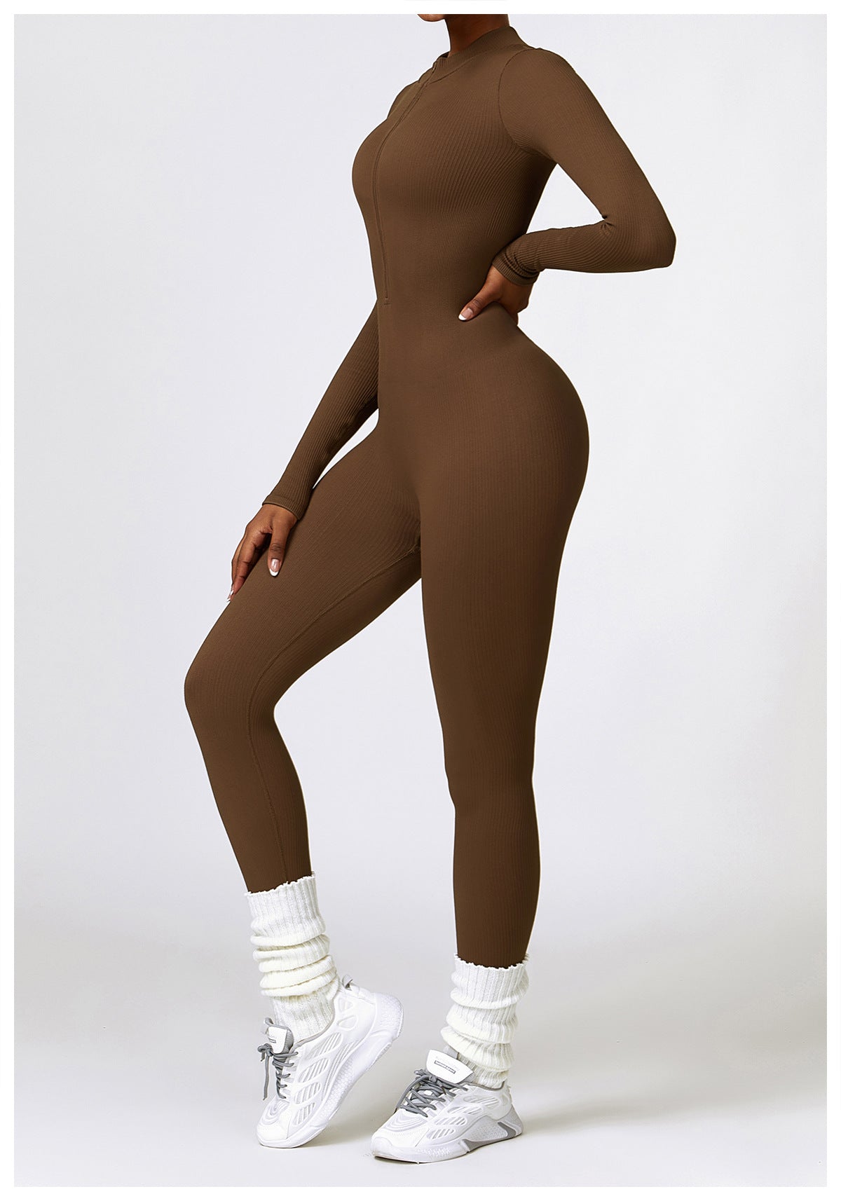 Ribbed Zipper Long Sleeve Yoga Jumpsuit