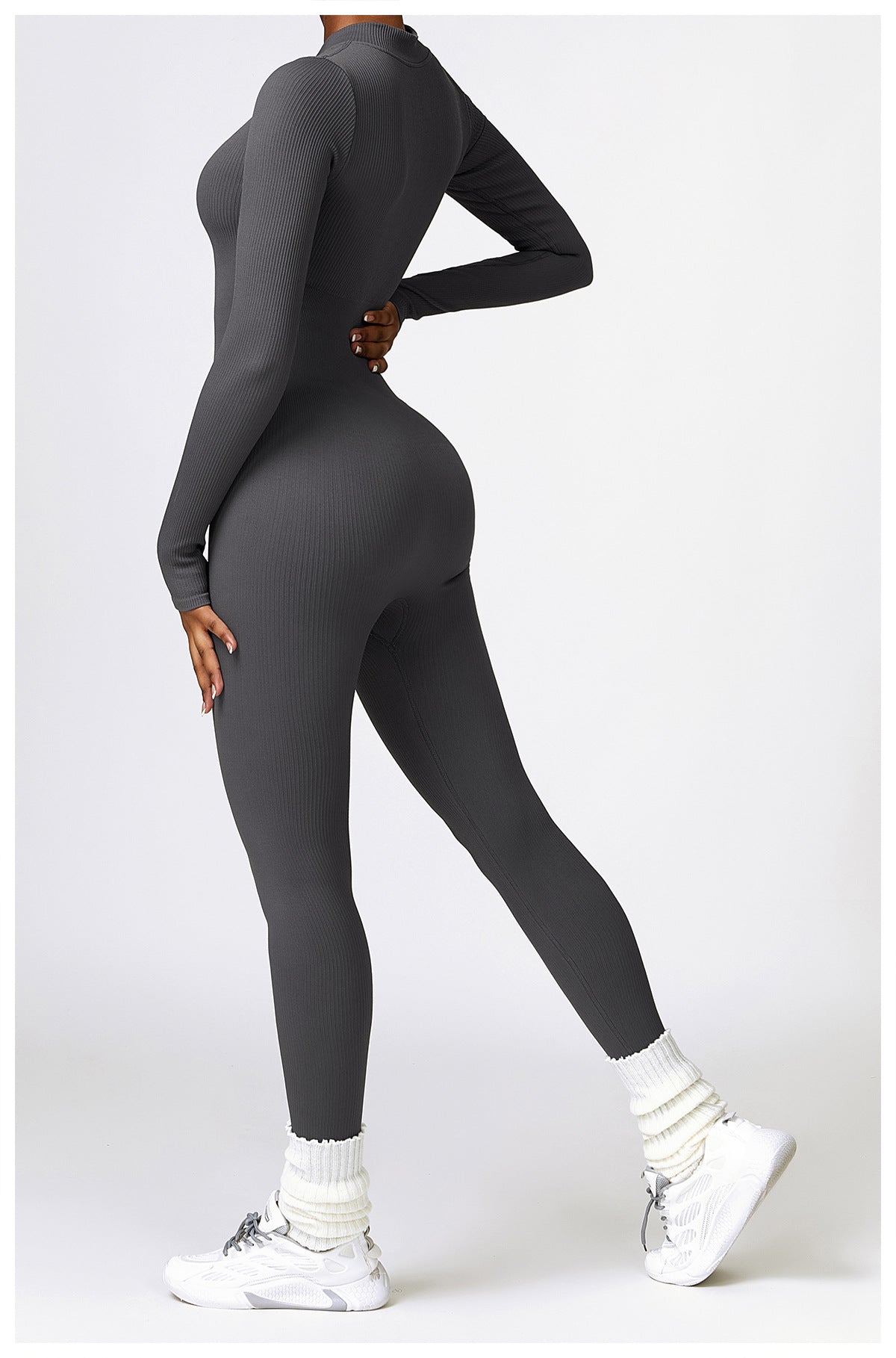 Ribbed Zipper Long Sleeve Yoga Jumpsuit