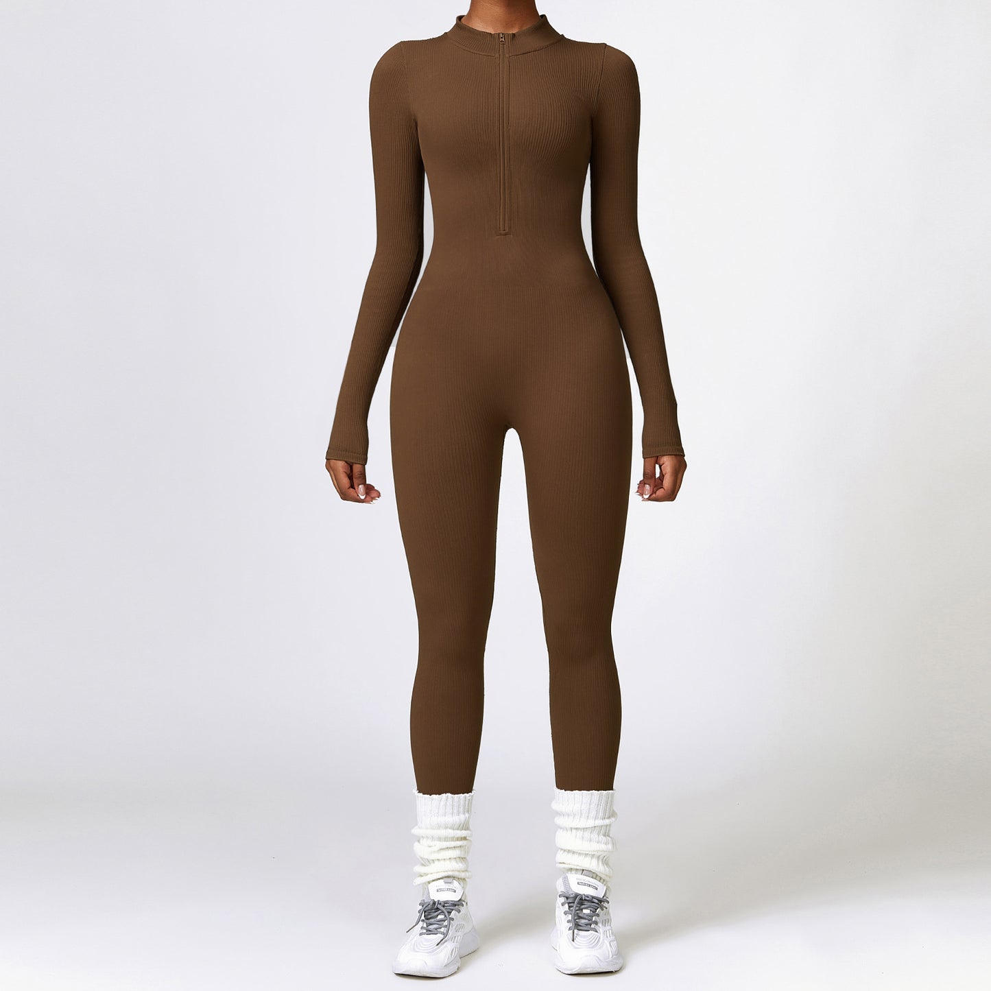 Ribbed Zipper Long Sleeve Yoga Jumpsuit