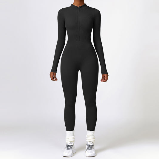 Ribbed Zipper Long Sleeve Yoga Jumpsuit