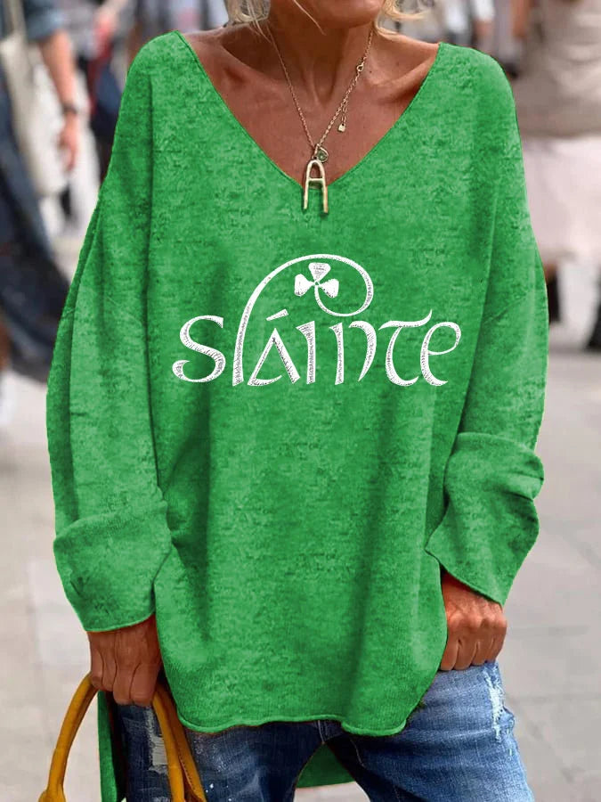 Slainte St. Patrick's Day Print Casual V-Neck Loose T-Shirt