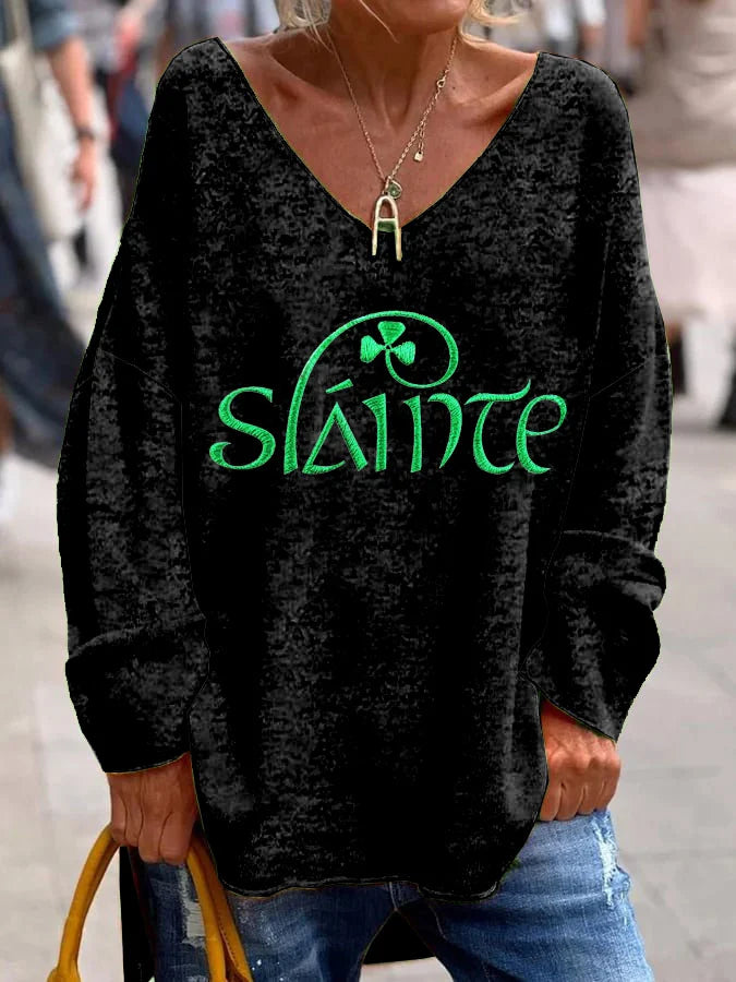 Slainte St. Patrick's Day Print Casual V-Neck Loose T-Shirt