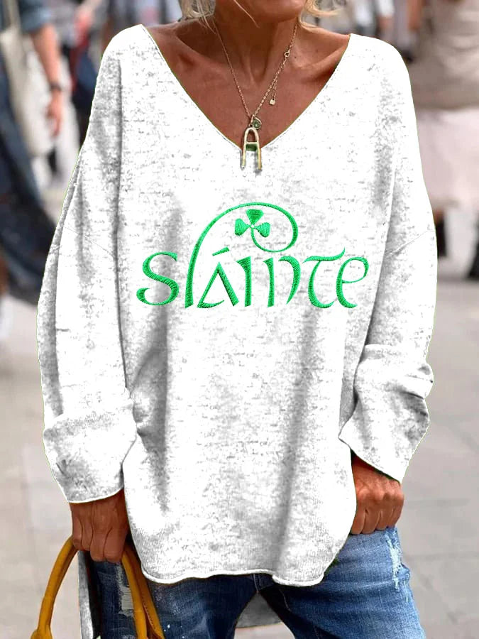 Slainte St. Patrick's Day Print Casual V-Neck Loose T-Shirt