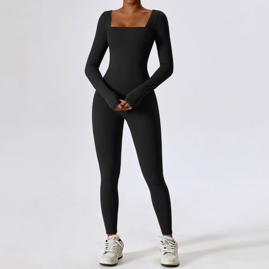 Square Neck Long Sleeve Tummy Control Jumpsuit