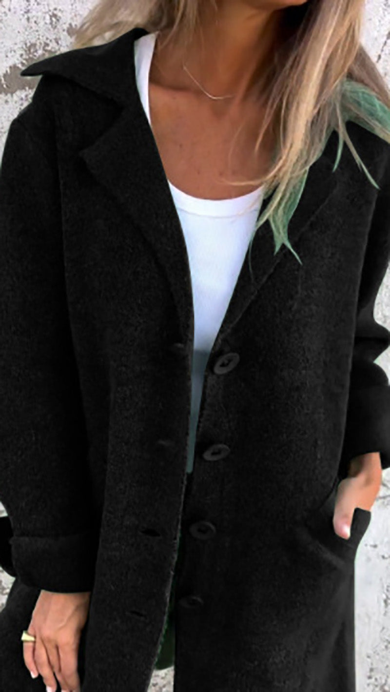 Single-Breasted Notched Collar Turned-Up Sleeves Faux Wool Coat