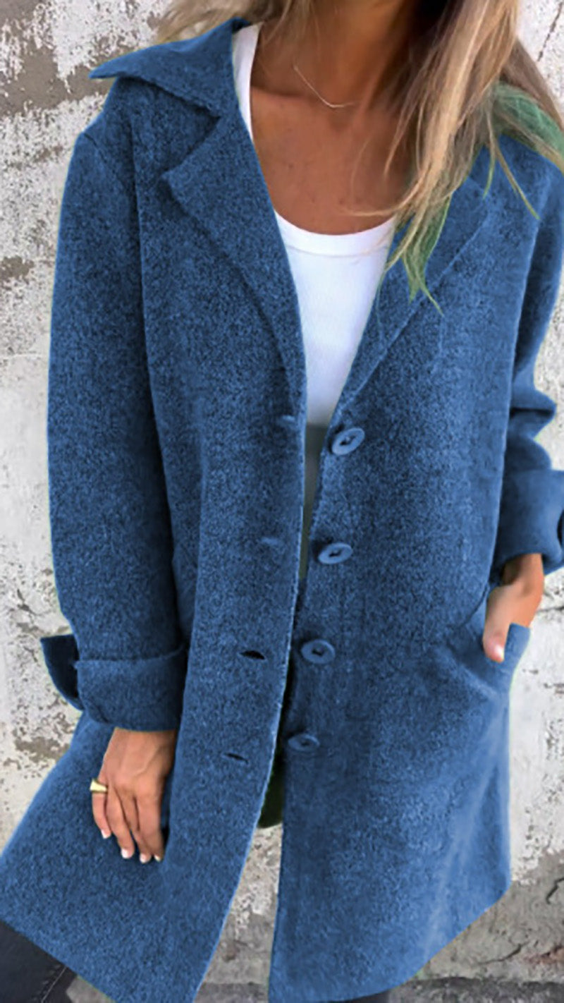 Single-Breasted Notched Collar Turned-Up Sleeves Faux Wool Coat