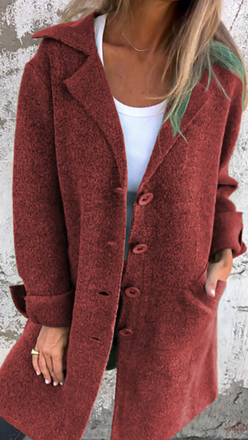 Single-Breasted Notched Collar Turned-Up Sleeves Faux Wool Coat