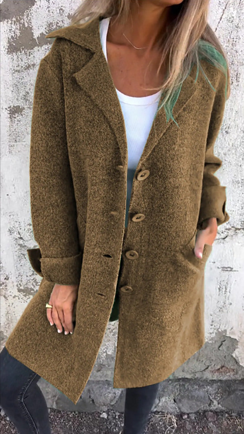 Single-Breasted Notched Collar Turned-Up Sleeves Faux Wool Coat