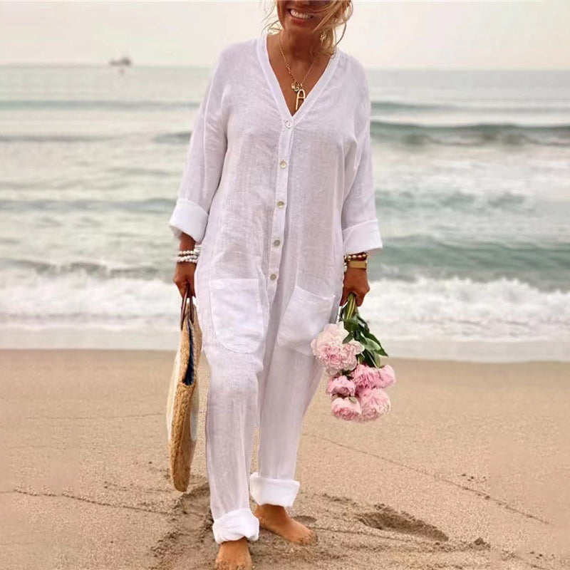 Cotton Linen Pockets Jumpsuits