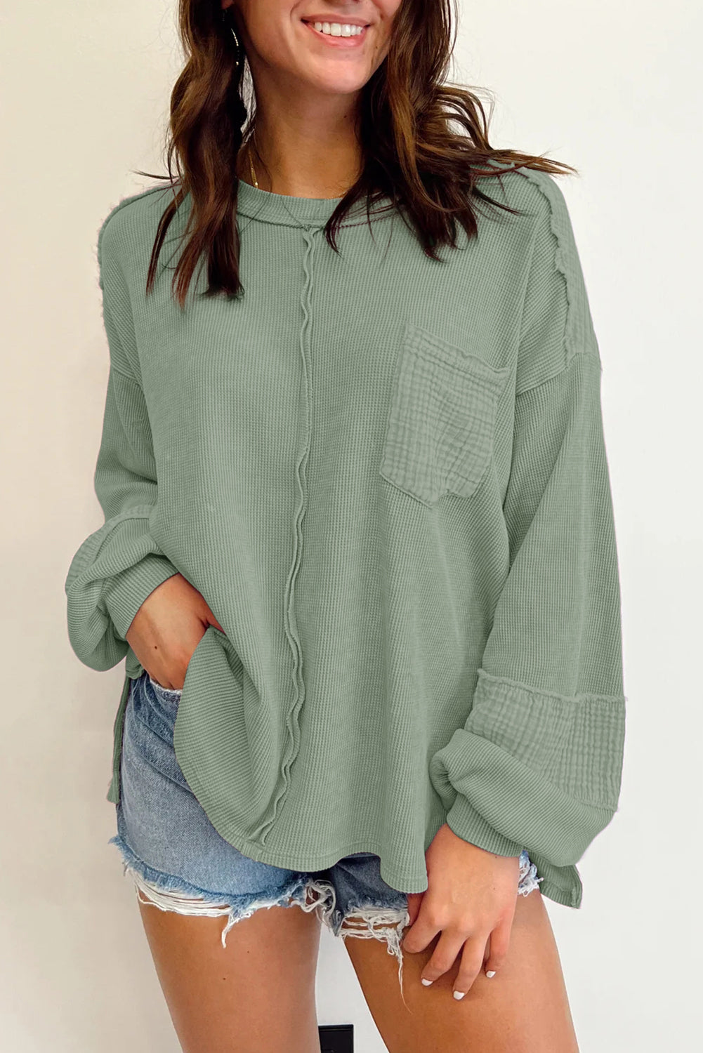 Exposed Seam Patchwork Bubble Sleeve Waffle Knit Top