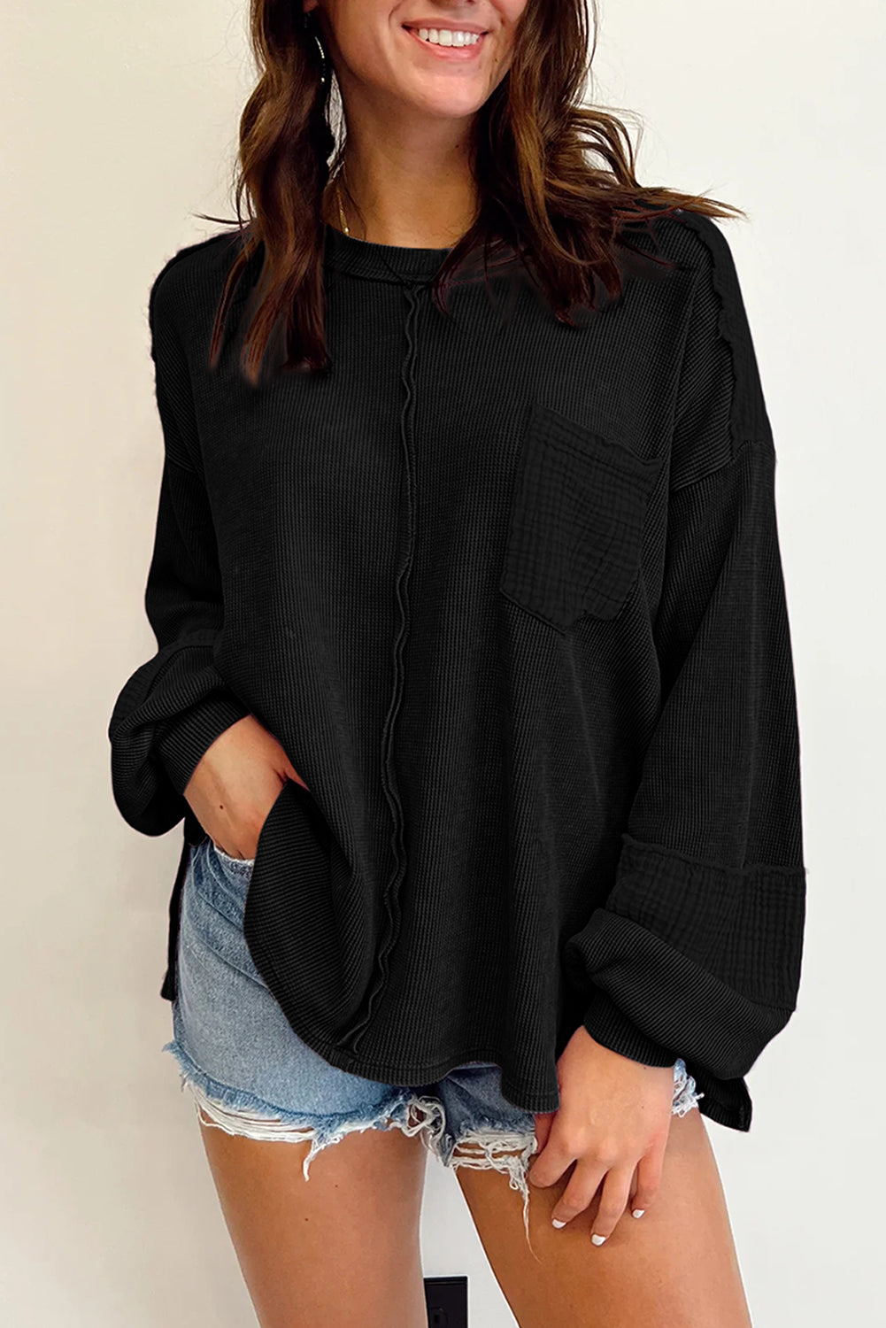 Exposed Seam Patchwork Bubble Sleeve Waffle Knit Top