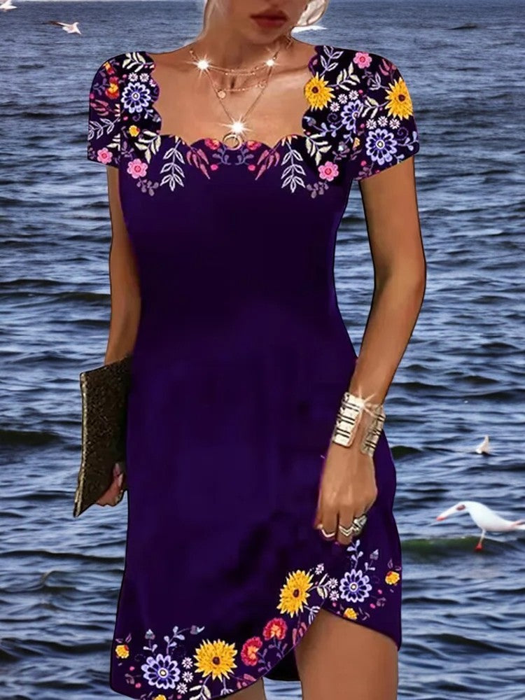 Floral Print Scallop Trim Square Neck Midi Dress