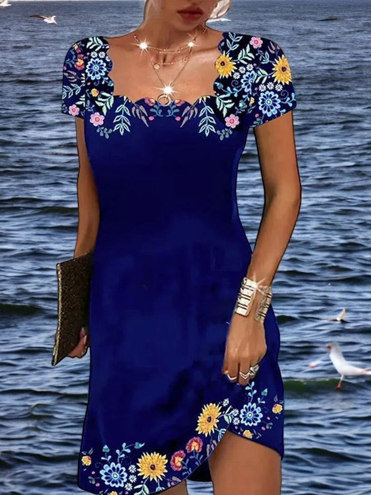 Floral Print Scallop Trim Square Neck Midi Dress