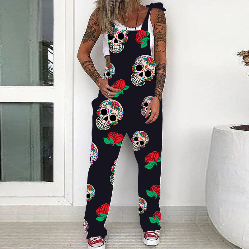 Halloween Skeleton Pocket Print Jumpsuit