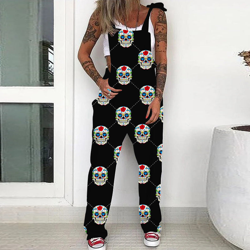 Halloween Skeleton Pocket Print Jumpsuit