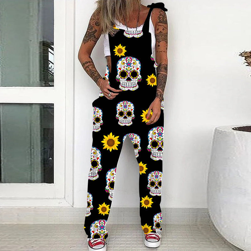 Halloween Skeleton Pocket Print Jumpsuit