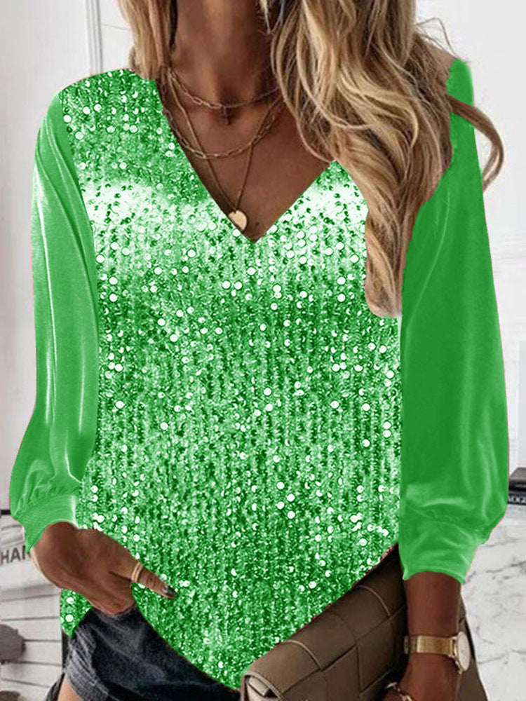 Imitation Sequin Digital Printing V-Neck Loose Top