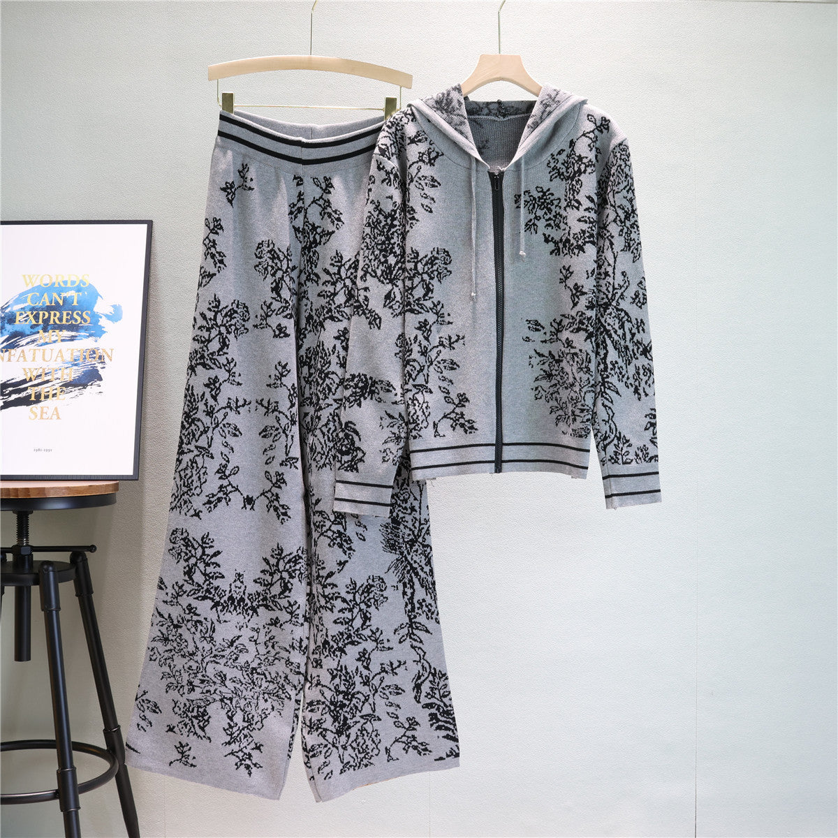 Ink Painting Jacquard Knit Top Wide Leg Pants Two-Piece Set