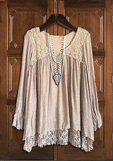 Lace Patchwork Linen Pleated Top