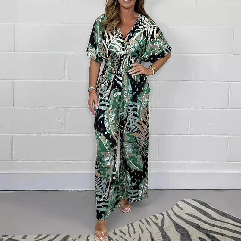 Leaf Printed Smocked Eleastic Waist Jumpsuit