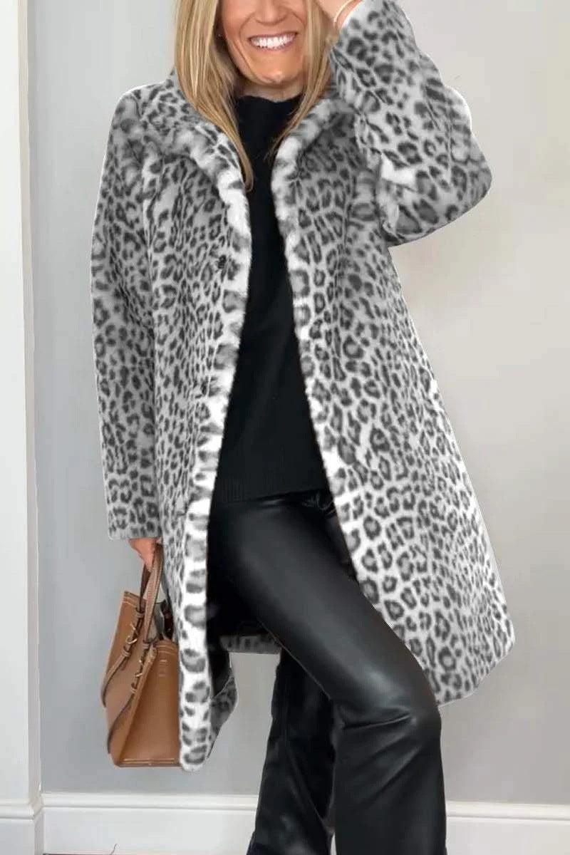 Leopard Lapel Faux Fur Winter Mid-length Coat