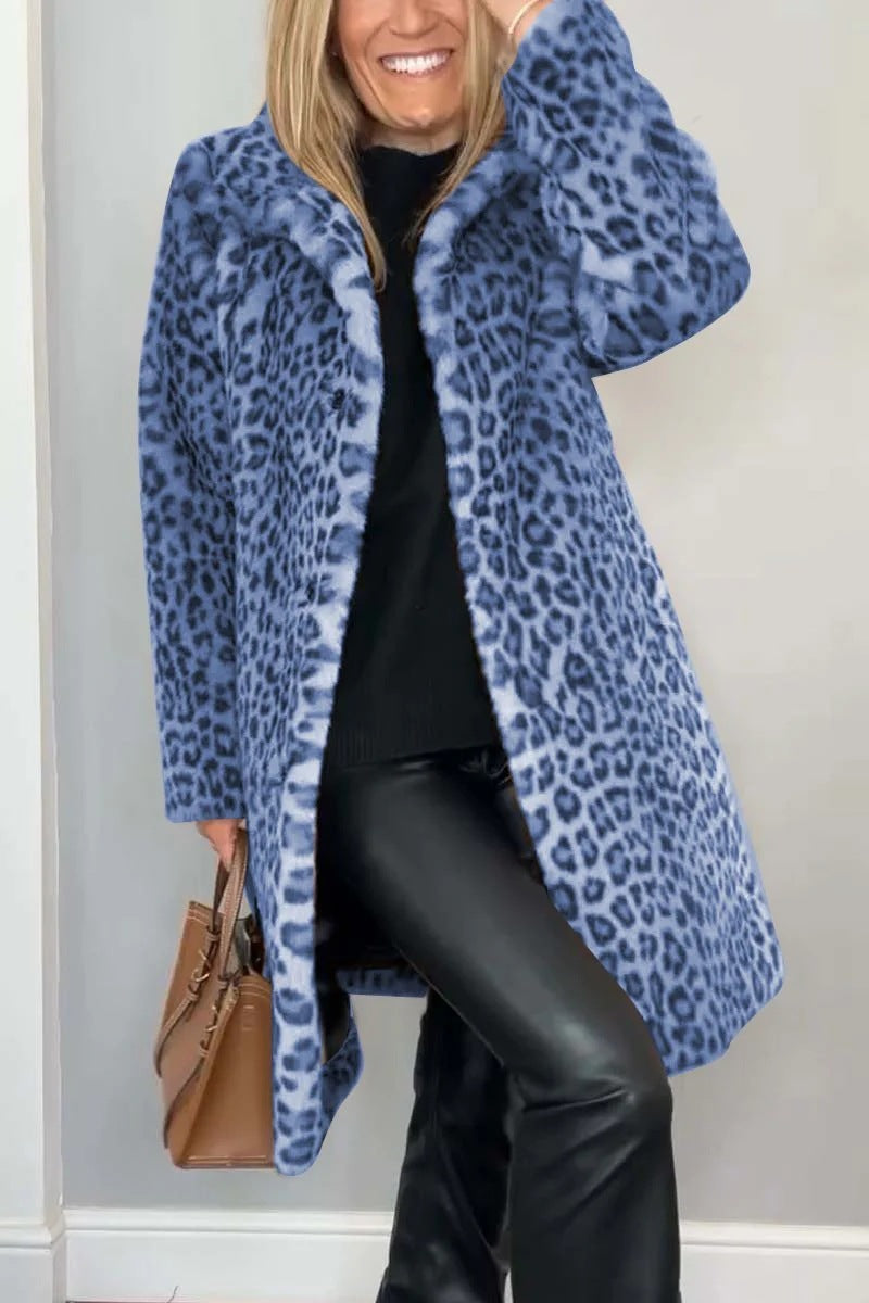 Leopard Lapel Faux Fur Winter Mid-length Coat