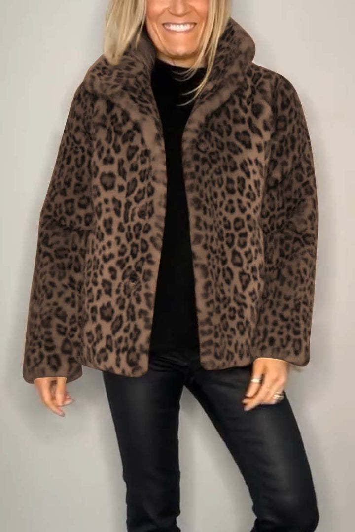 Leopard Lapel Faux Fur Winter Mid-length Coat