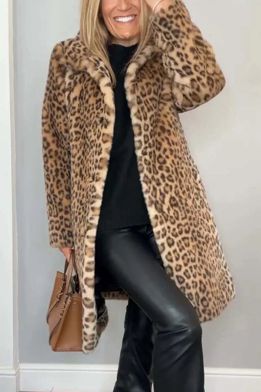 Leopard Lapel Faux Fur Winter Mid-length Coat