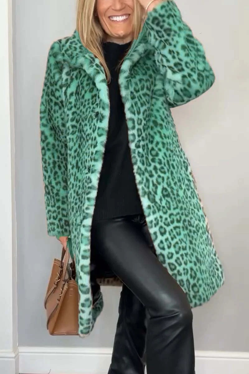 Leopard Lapel Faux Fur Winter Mid-length Coat