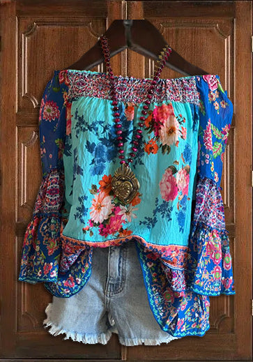 One Line Neck Floral Contrast Top Shirt