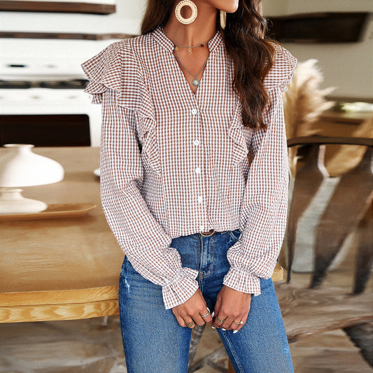 Plaid Long Sleeve Ruffle Shirt Top